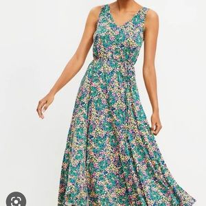 NWT LOFT multi colored tie-waist double V dress